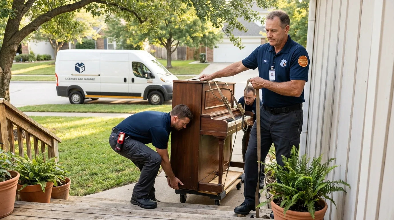 Licensed piano movers securing grand piano in Eatontown, NJ