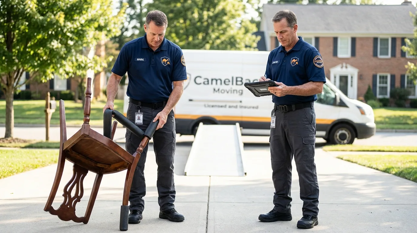 Movers inspecting furniture for damage prevention before loading in Eatontown, NJ