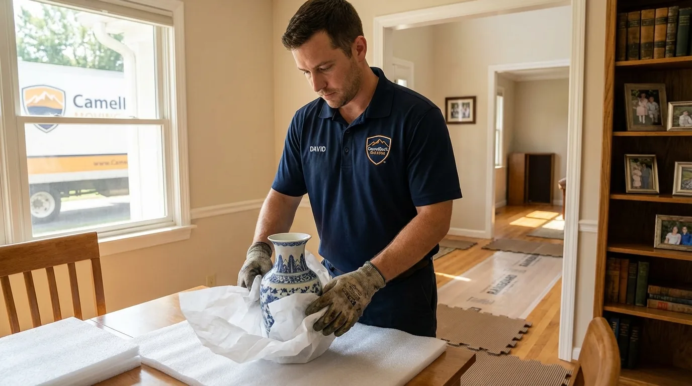 Professional crew carefully wrapping antique vase for senior downsizing move in Eatontown, NJ